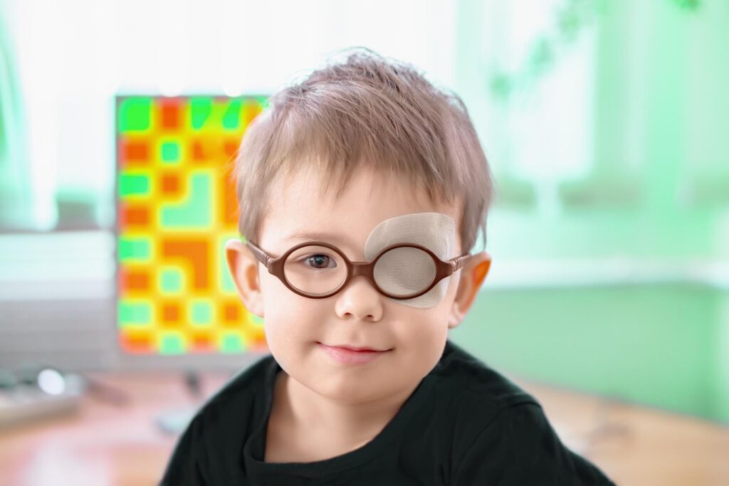 Ein kleiner Junge, der eine Brille und eine Augenklappe (Pflaster, Okkluder) trägt, unterzieht sich einer Sehhilfe zur Vorbeugung von Amblyopie und Strabismus (Schielen, faules Auge). Kind mit angeborener Sehschwäche.
